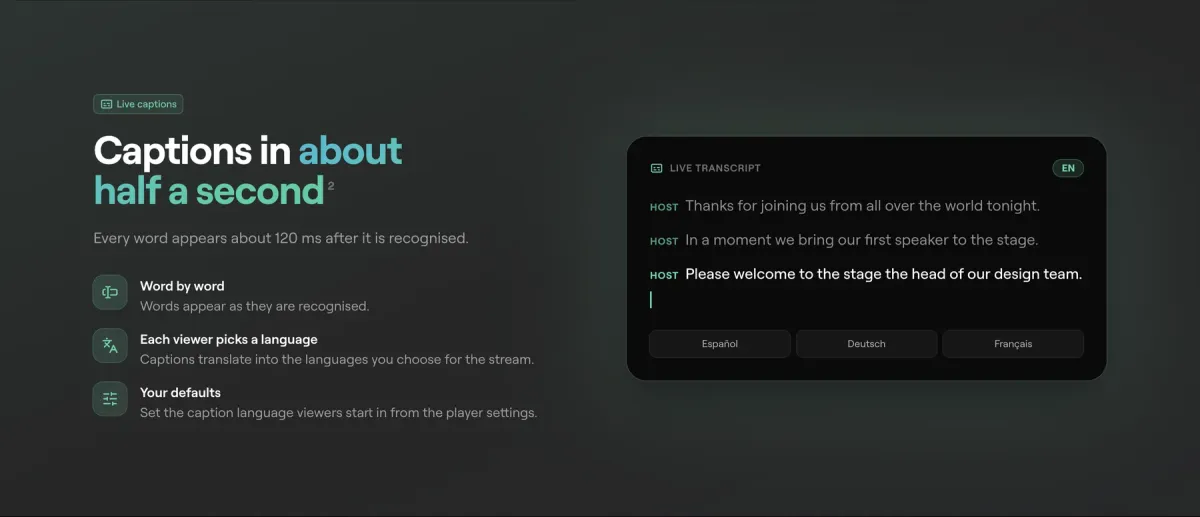 A live transcript panel showing three lines of host speech appearing word by word, with language buttons for Spanish, German and French