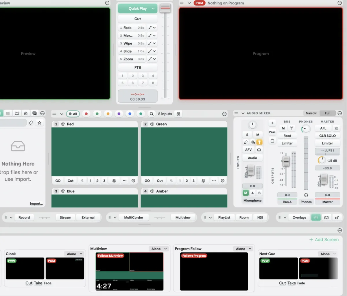 The Screens strip under the Studio panels on a Mac: screen cards with small Preview and Program pictures and Cut, Take and Fade keys