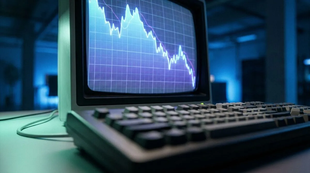 A close-up of a monitor showing an abstract performance graph with a line dropping sharply downward, a keyboard blurred in the foreground