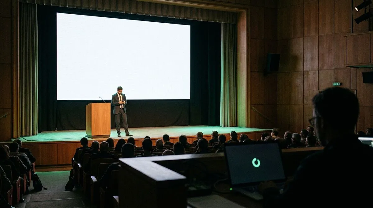 An empty stage where the big screen has gone dark mid-presentation while the presenter looks down at a phone