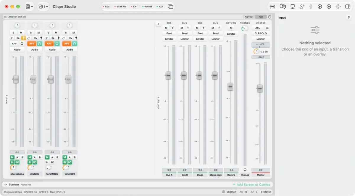 The Cliqer audio mixer on a Mac with input strips and, on the right, Bus A, Bus B, a group, a return, Phones and Master