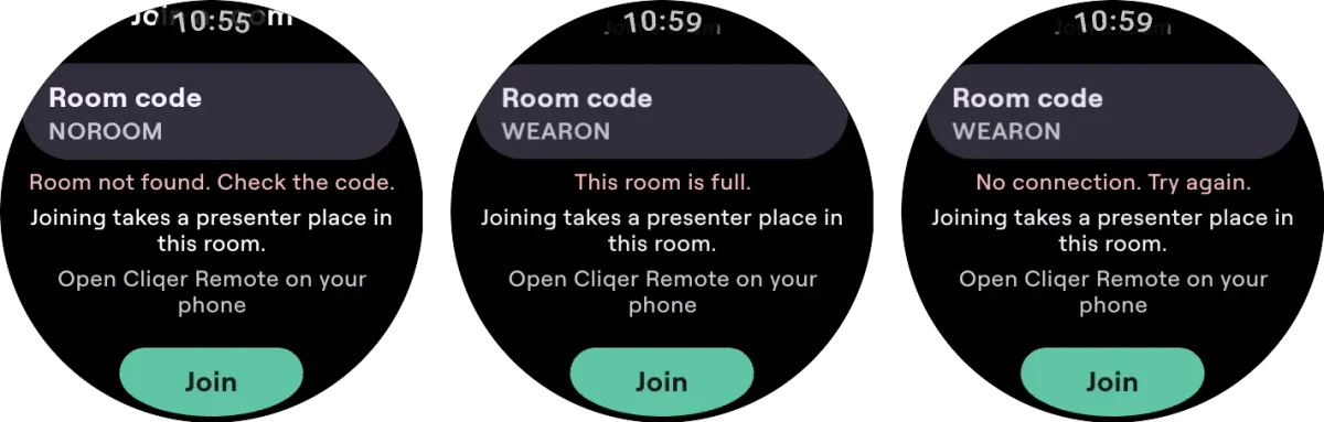 Three Wear OS screens on Join a room, each with a room code field, the note that joining takes a presenter place and a Join button, showing the errors Room not found, This room is full and No connection