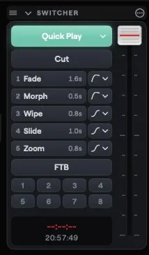 The Studio switcher: Quick Play, Cut, five numbered transitions from Fade to Zoom with their times, Fade to Black, eight stinger keys and the full-height T-bar