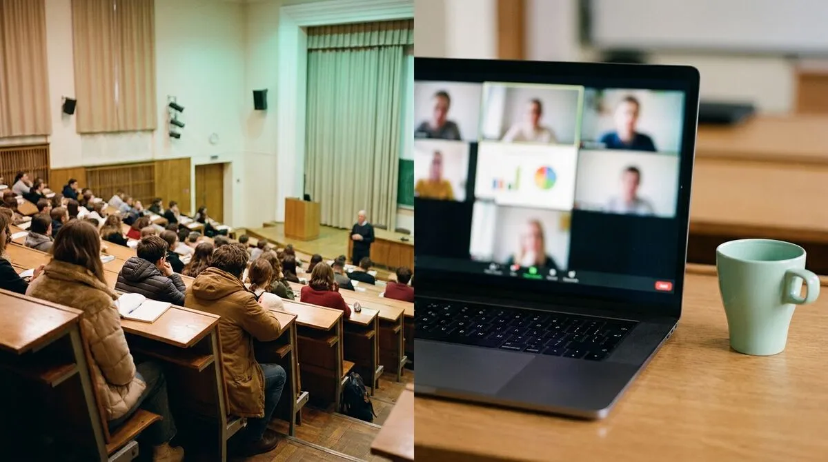 A split view showing a lecture theatre on one side and a laptop screen with remote students joining a video call on the other