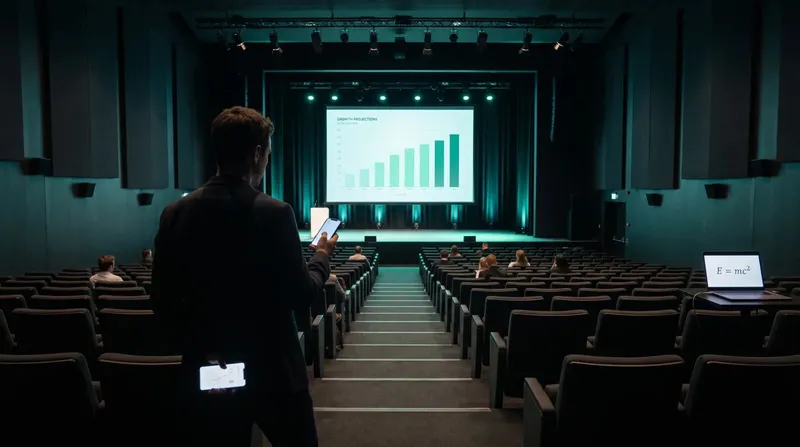 A world map style split screen showing a presenter in one country and a conference screen in another with matching slides