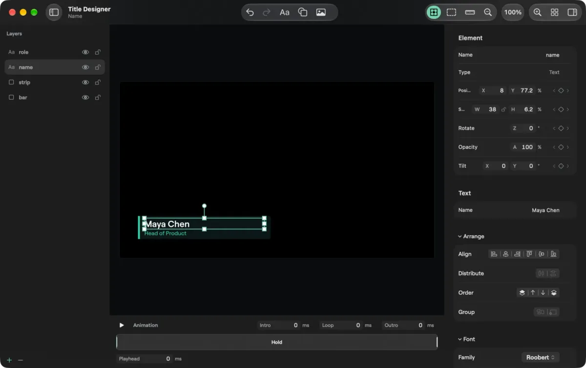 The Title Designer on a Mac with the layer list on the left, a canvas, an animation strip and the inspector on the right