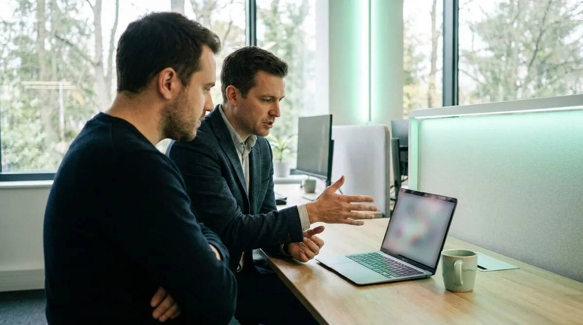 A presenter and an IT reviewer looking at a laptop together, one pointing at a network diagram on screen, in a quiet office