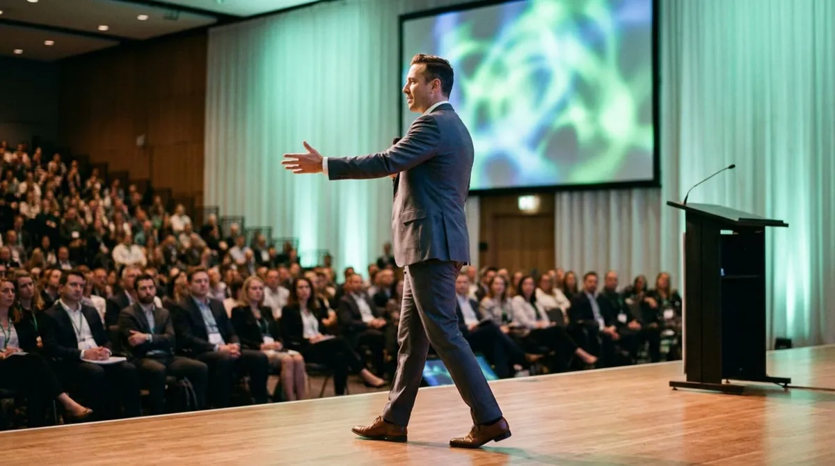 Speaker walking confidently across a stage away from a lectern while gesturing to an audience