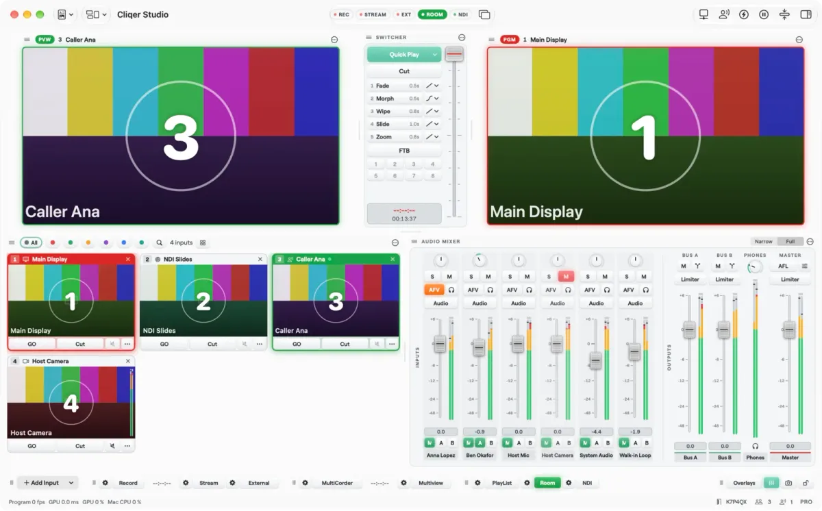 The Cliqer Studio window on a Mac with Preview and Program, the switcher, input tiles, the audio mixer and the bottom bar of outputs