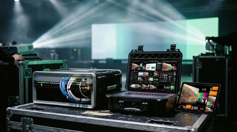 Two carry-on cases backstage, one with a network switch and one with a laptop running Cliqer, a tablet showing the Multiview, projector beams behind