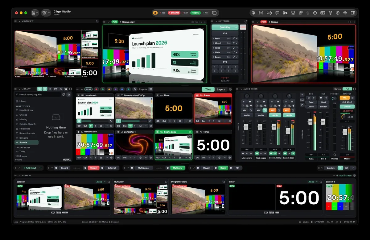 The Cliqer Studio window on a Mac with multiview, Preview and Program, the switcher, input tiles, the audio mixer, an output bar and a strip of screens