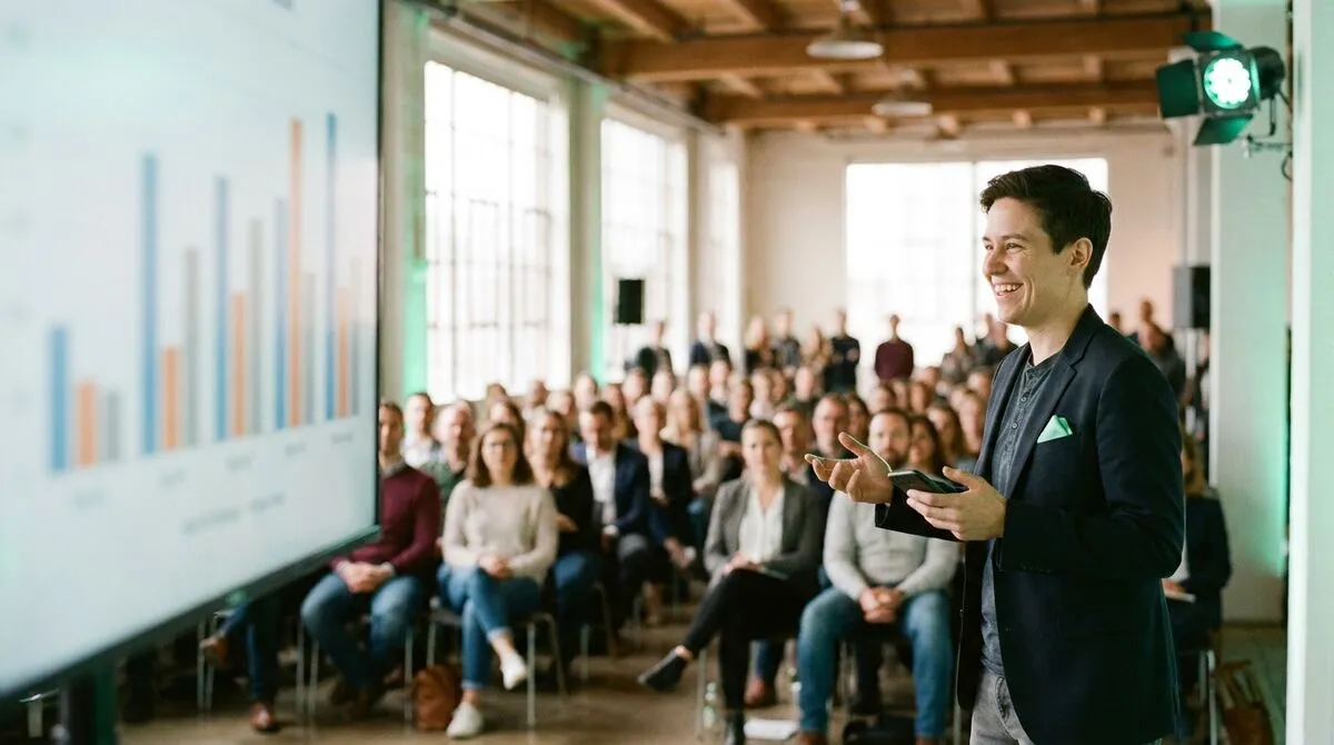 Presenter standing confidently at a lectern, phone in hand, large screen beside them showing a softly blurred chart slide