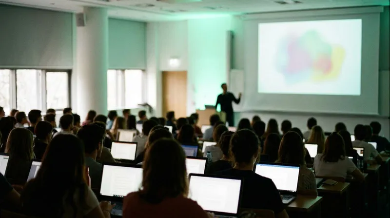 A university lecture hall with a lecturer at the front and a laptop showing remote students joining alongside the seated audience