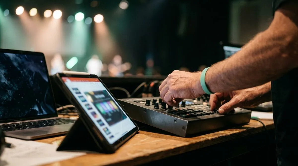 An AV technician at a production desk with monitors, a Stream Deck and a laptop running the show