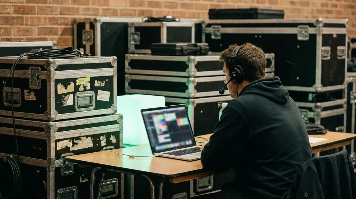 An agency producer setting up a branded event room on a laptop with a client logo visible on screen