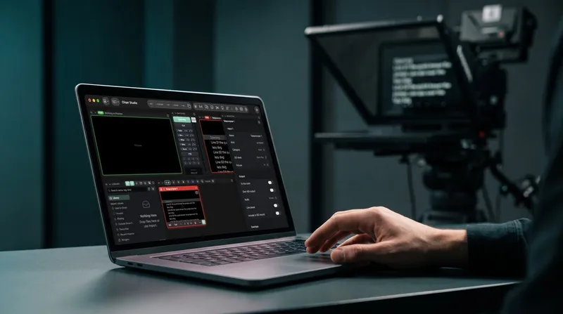A studio camera with a glass teleprompter behind an operator laptop running the Cliqer Studio teleprompter