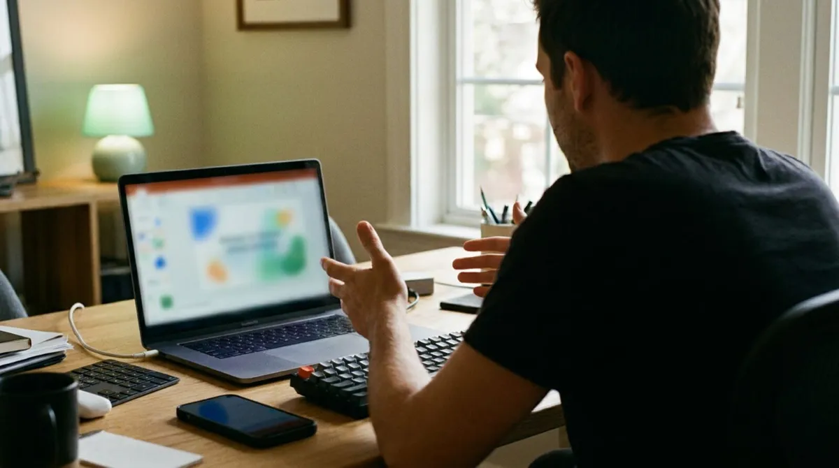 Presenter at a laptop screen sharing a slide deck during a video call with a phone remote nearby