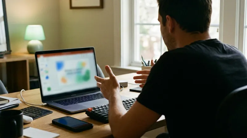 Presenter at a laptop screen sharing a slide deck during a video call with a phone remote nearby