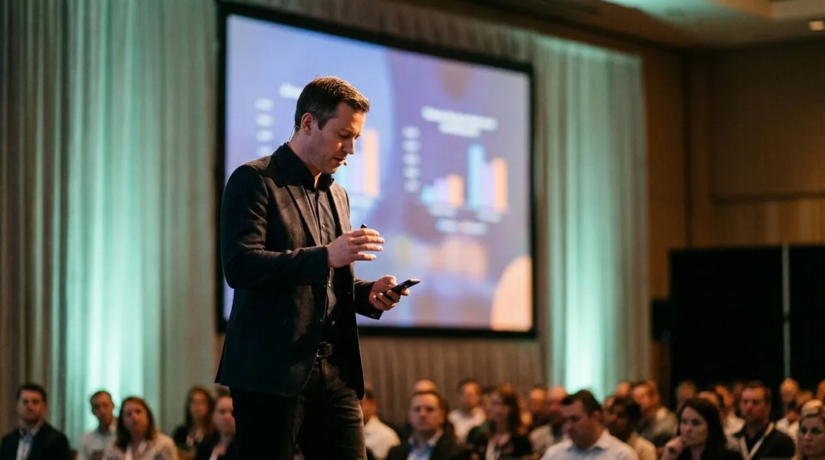 Presenter standing centre stage glancing briefly downward at a phone while the audience remains in soft focus around them