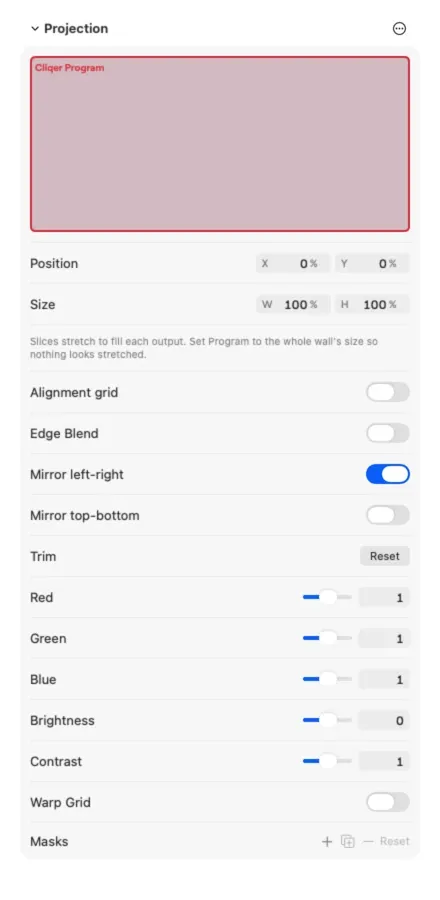 The Projection section of an output on Mac with the Mirror left-right switch turned on