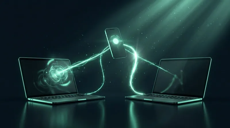 Two laptops side by side each showing the same presentation slide, connected as backup hosts for one room