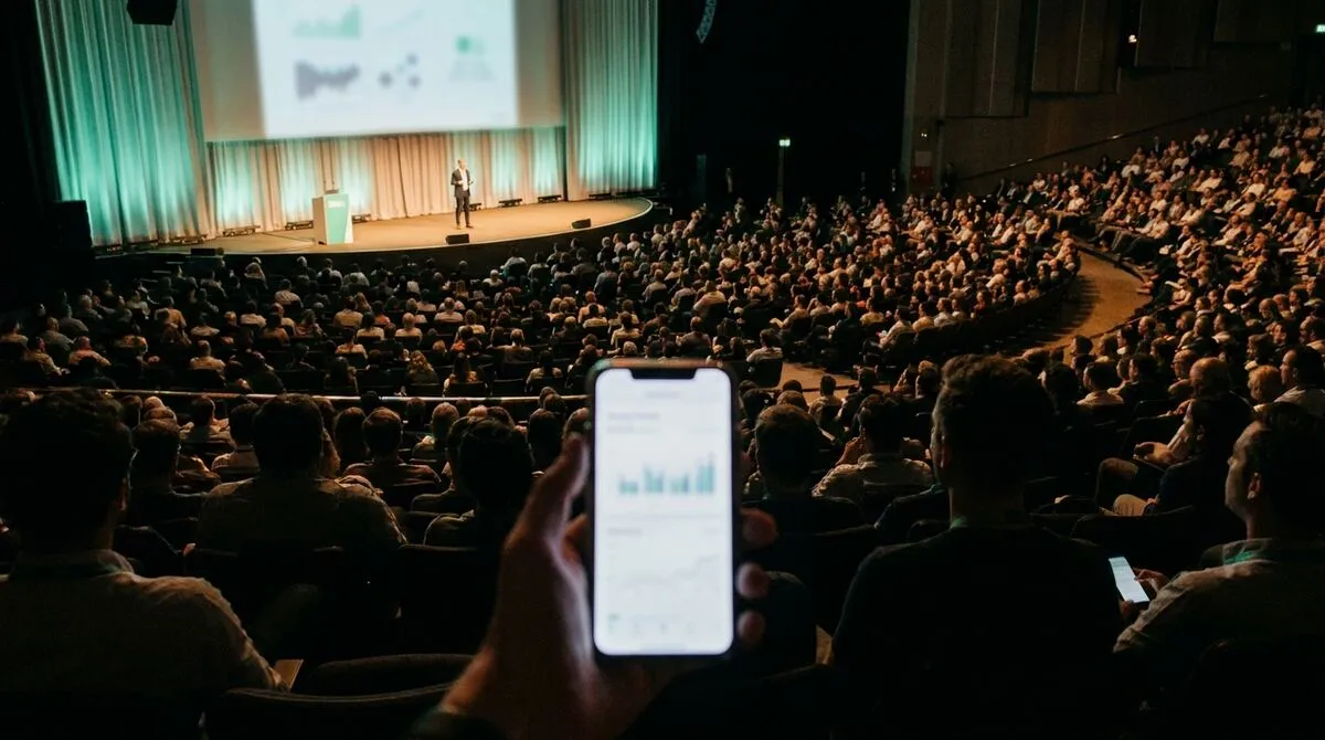 Wide shot of a conference hall with a presenter on stage and a small green connection indicator overlaying a phone in someone's hand near the back row