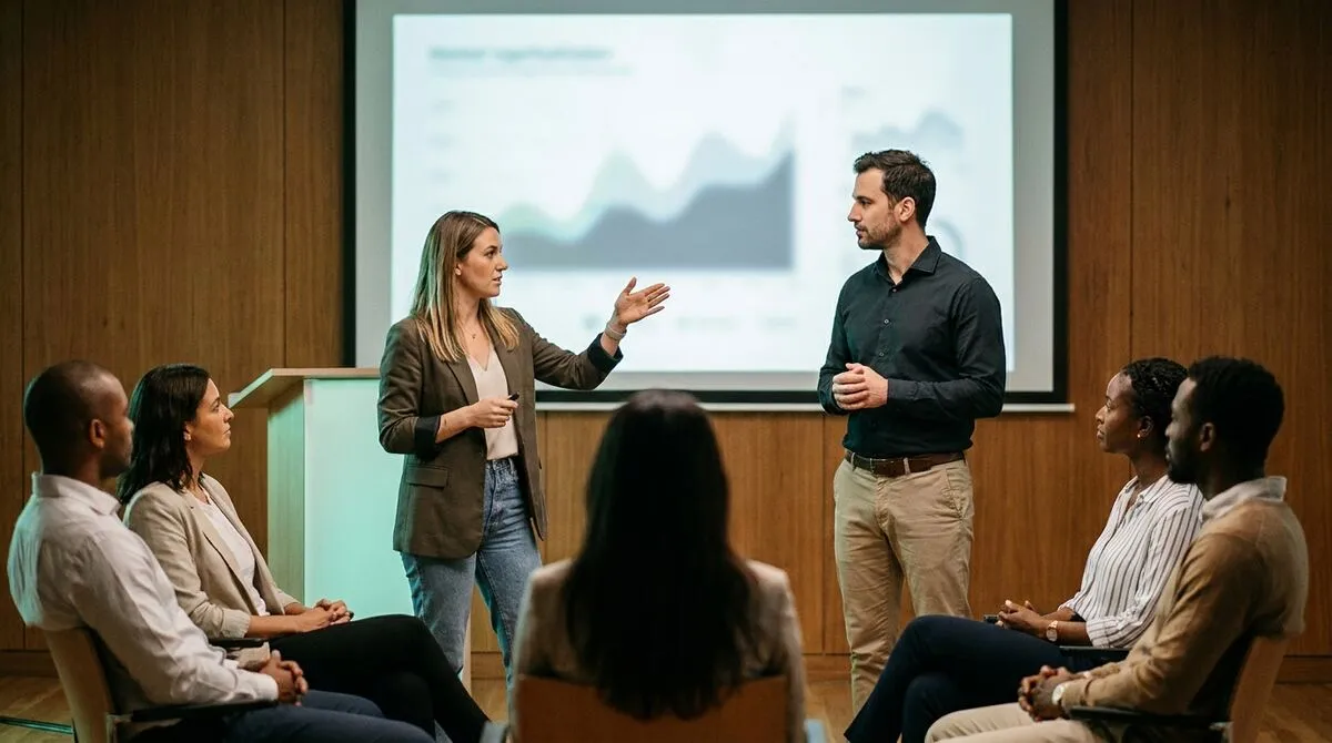 Two co-founders standing together confidently in front of investors, one gesturing toward a screen showing a softly blurred chart