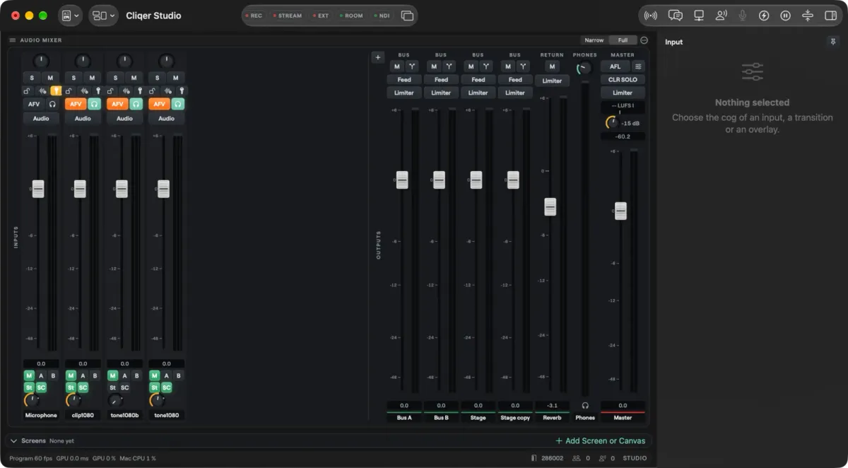 The Cliqer audio mixer on a Mac in dark mode with input strips and buses, a return, Phones and Master