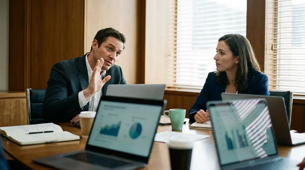 Founder pausing to answer a question from an investor seated around a boardroom table during a pitch