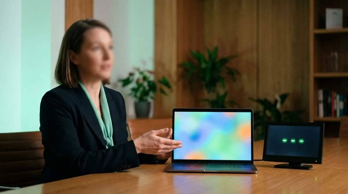A presenter sharing their laptop screen in a video call, a second small monitor beside it showing a simple connection status indicator