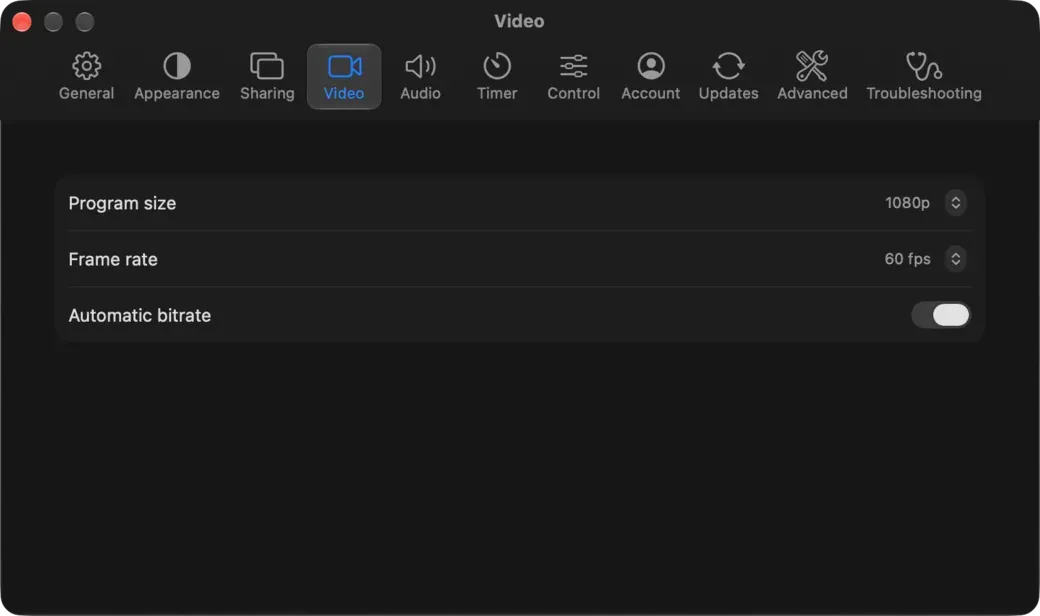 Video in Settings on a Mac, with Program size, frame rate and automatic bitrate