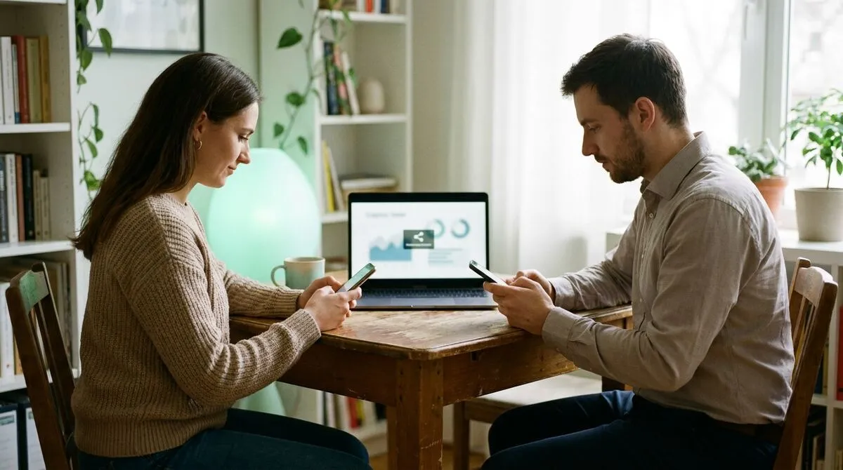 Two presenters at a table each glancing at a phone, one laptop between them open to a video call with a shared screen indicator