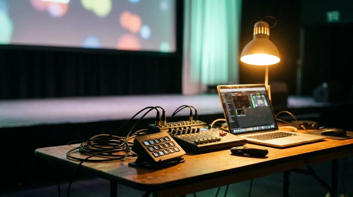 An AV tech table with a laptop, a small video mixer and a Stream Deck, cables running to a stage screen