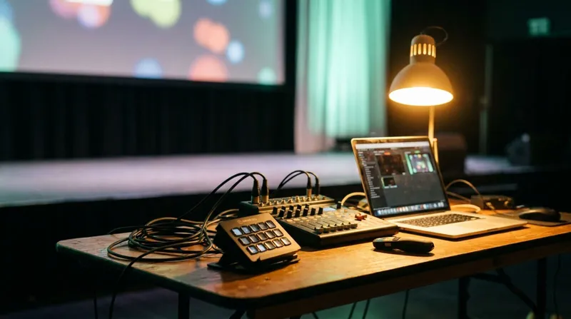 An AV tech table with a laptop, a small video mixer and a Stream Deck, cables running to a stage screen