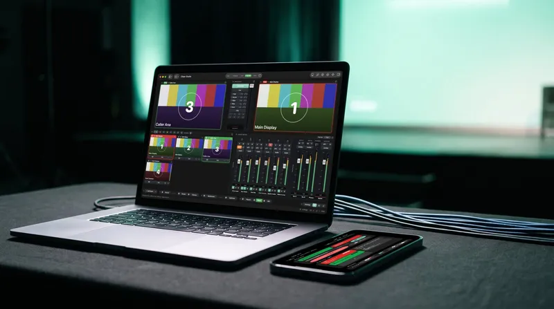 A laptop running Cliqer Studio and a phone running Cliqer Remote on a backstage tech table, the stage projection wall glowing behind them