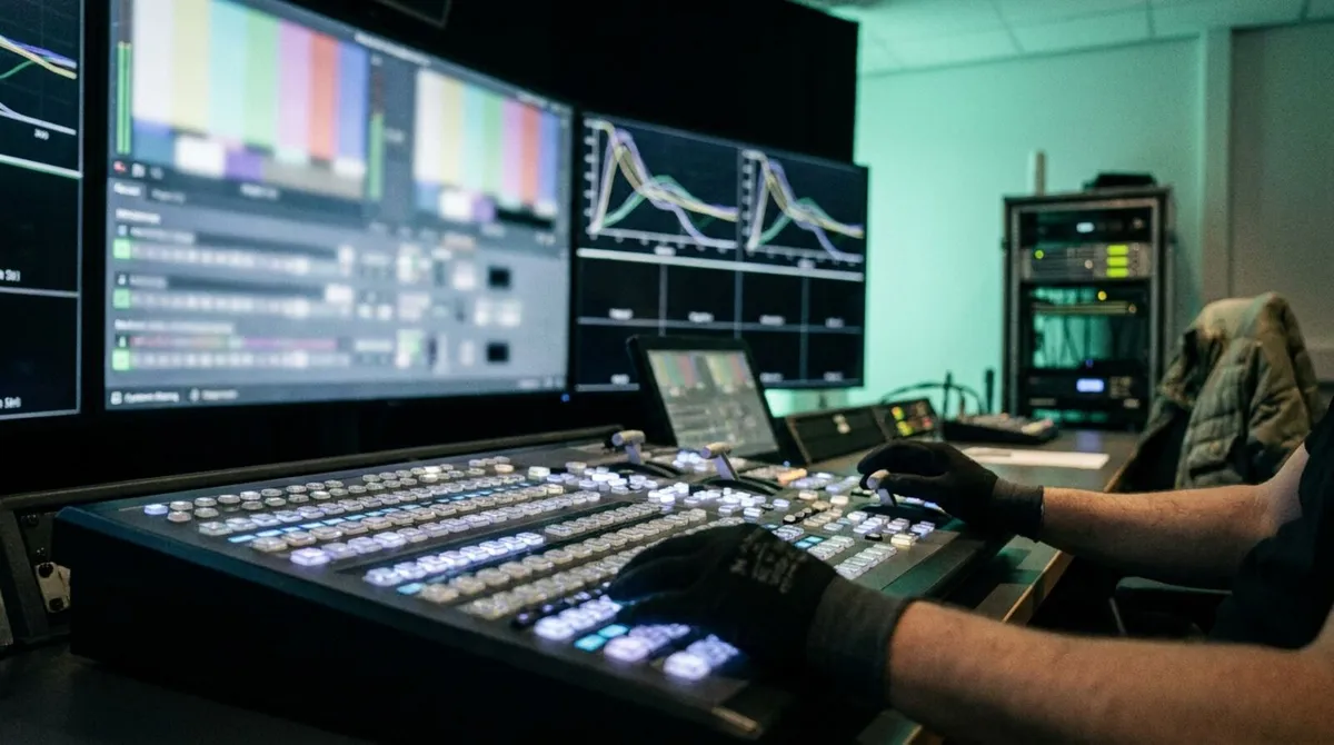 A live production switcher with vMix on screen next to a presenter's remote slide control