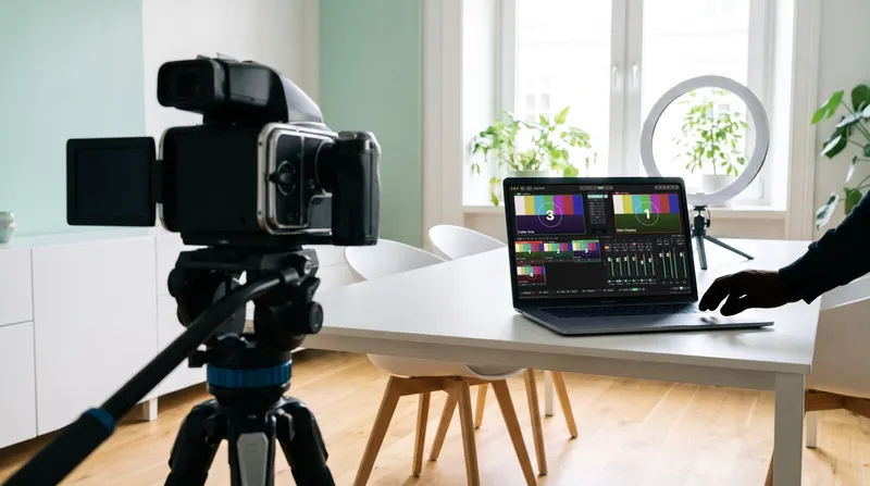 A bright hybrid meeting room with a camera on a tripod and a laptop running Cliqer Studio