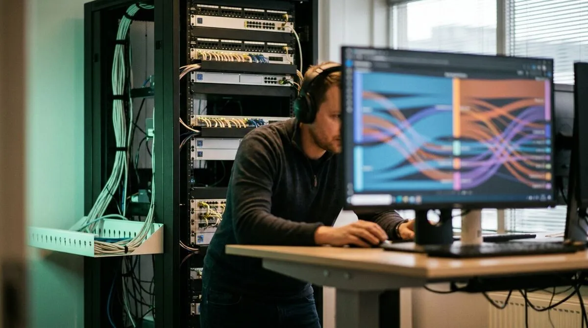 A network administrator at a standing desk reviewing a diagram on a monitor with a patch panel and server rack in the background