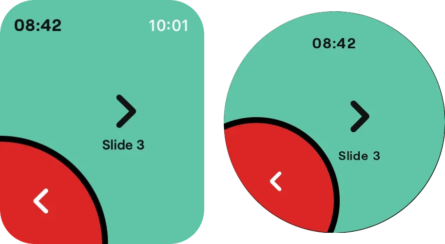An Apple Watch and a Wear OS watch side by side, each with a large Next arrow, the slide number, the timer and a red Back button