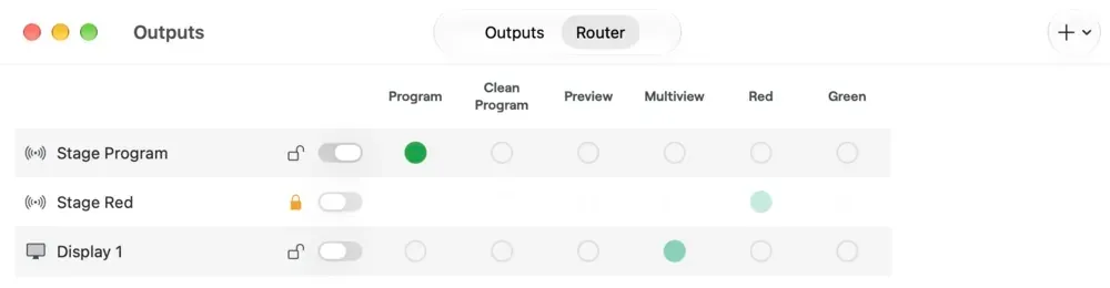 The Outputs window in Cliqer's Router view: Stage Program, Stage Red and Display 1 routed to Program, Multiview and other sources