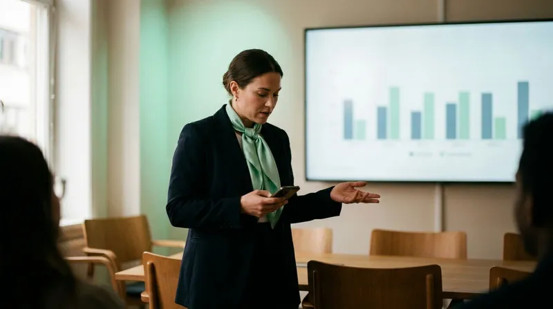 Presenter glancing at a phone screen while advancing slides on a large display behind them