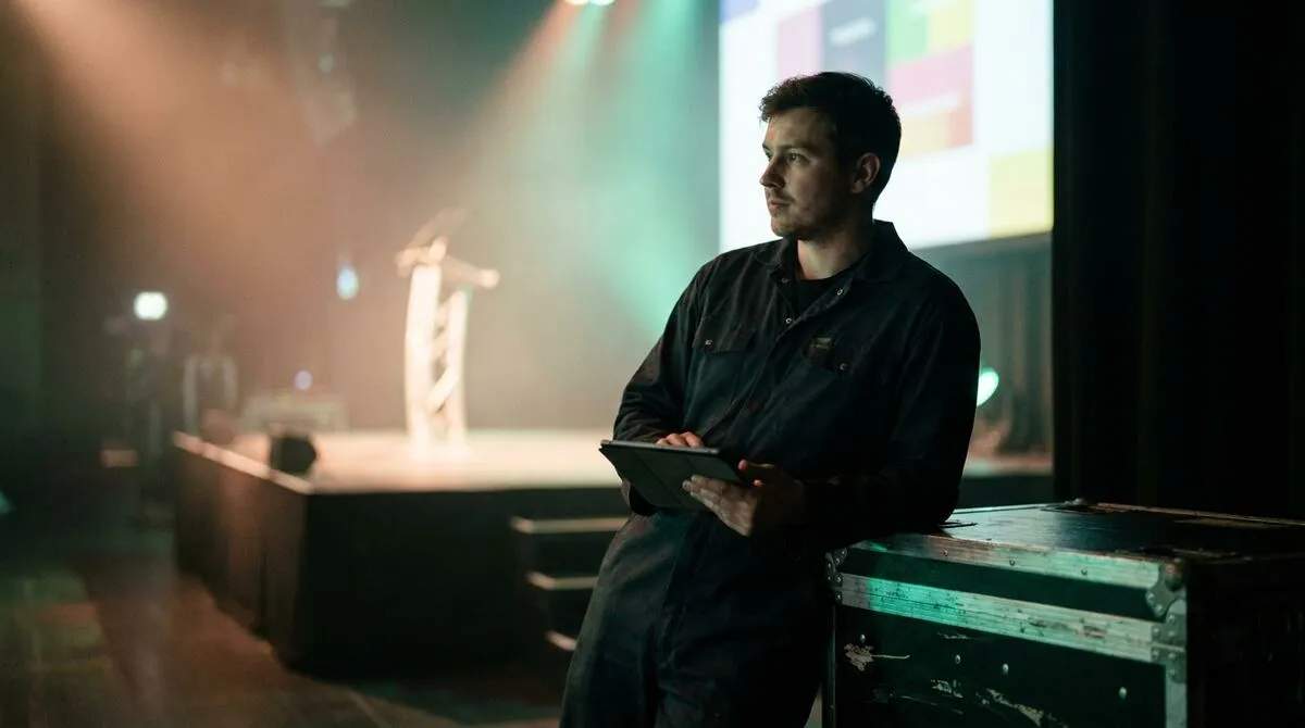 A touring crew member holding a tablet at a backstage flight case, glancing toward a distant stage podium
