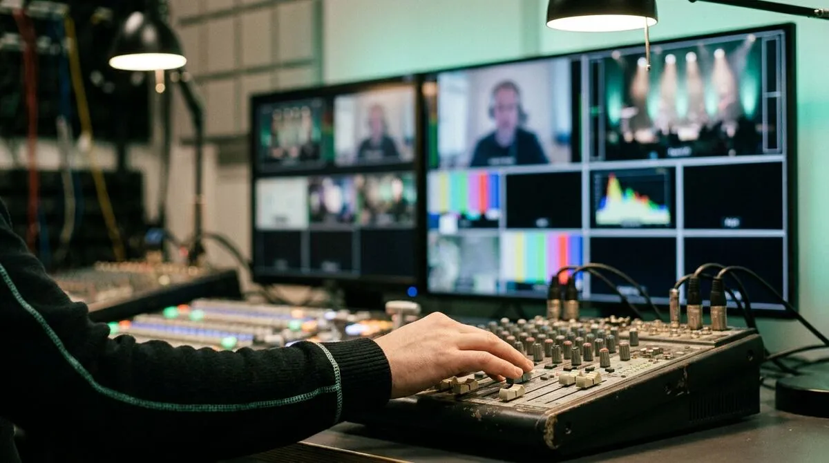 A production switcher screen showing multiple camera and presentation inputs including one from a remote speaker's call