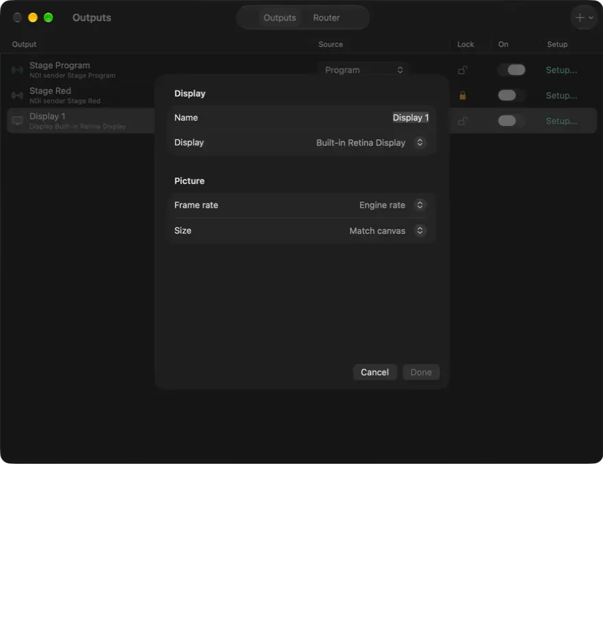The Setup sheet for a Display output in dark mode, with the display, the frame rate and the size options