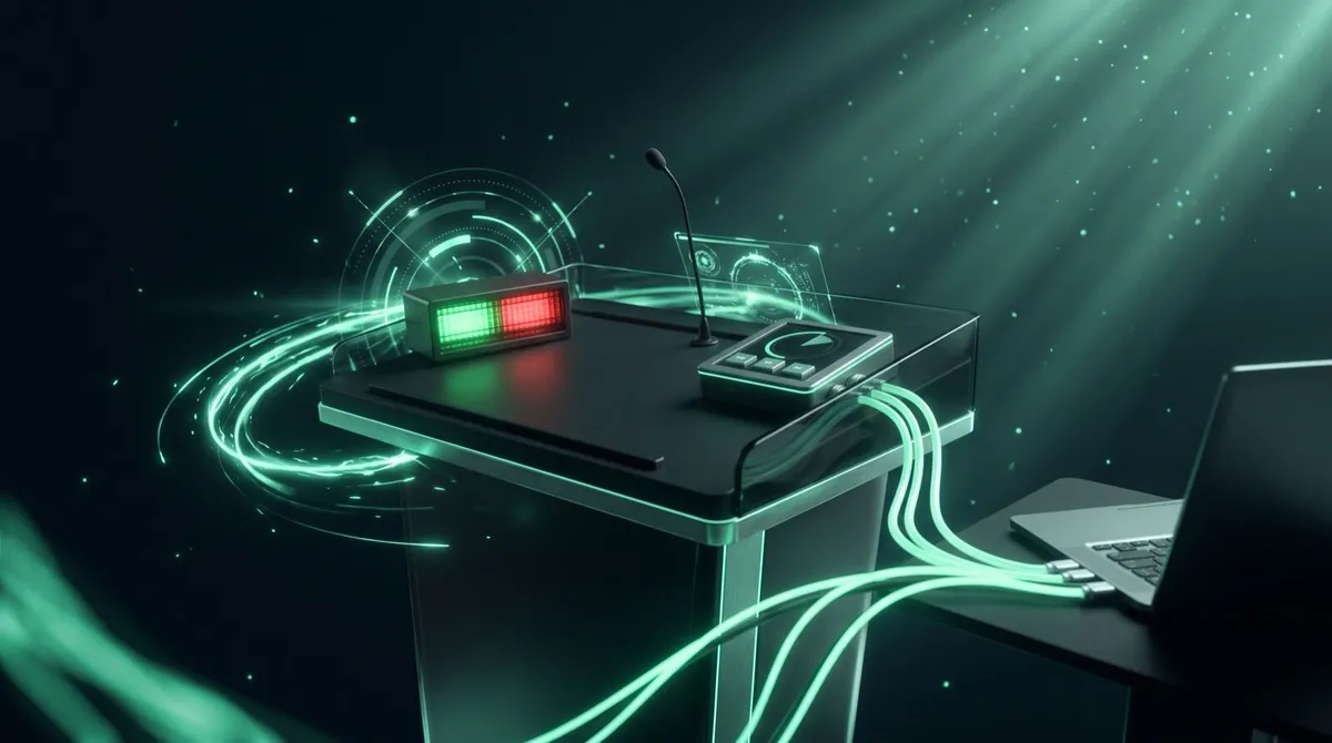 A DSAN Limitimer countdown timer device on a lectern beside a laptop running slide software