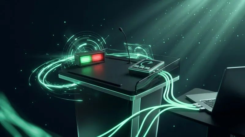 A DSAN Limitimer countdown timer device on a lectern beside a laptop running slide software