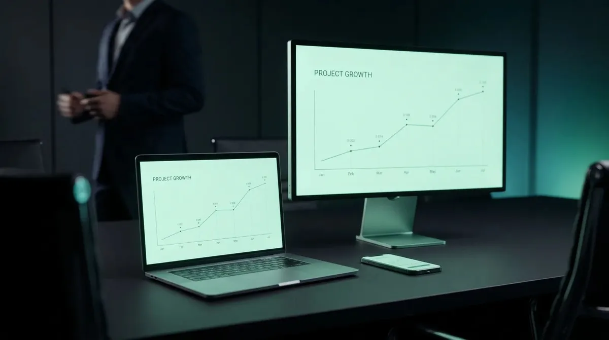 MacBook running Keynote on a lectern with a presenter checking a phone a few steps away