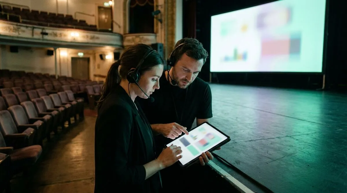 Two AV crew members reviewing a checklist on a tablet near the stage before an event
