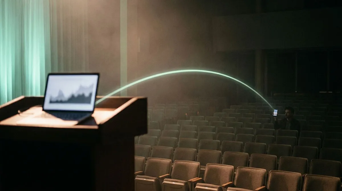 Laptop on a lectern with a glowing connection line to a phone across a large hall