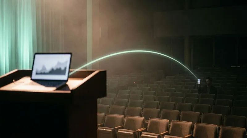 Laptop on a lectern with a glowing connection line to a phone across a large hall